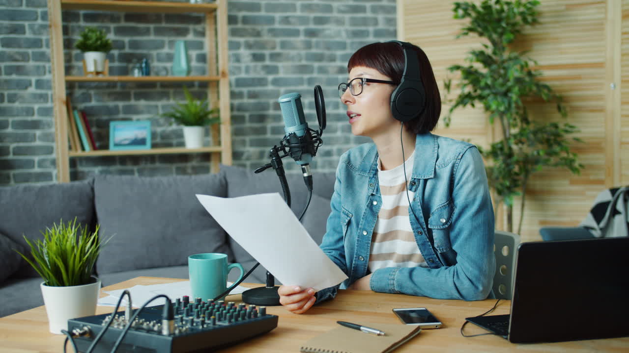 Woman Recording Podcast in Home Studio