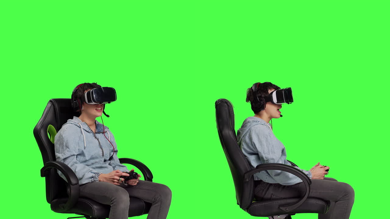 Cheerful player winning online shooter championship against greenscreen