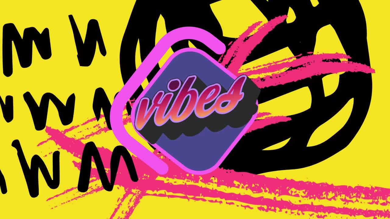 Digital animation of vibes text on purple banner over colorful abstract shapes on yellow background