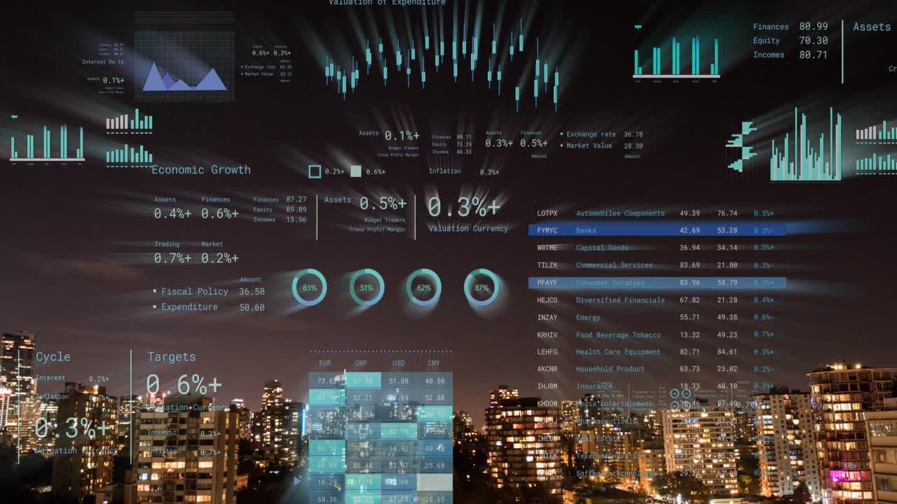 Animation of financial data processing over cityscape