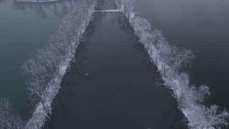 Freezing-bank-or-Detroit-river-with-small-pond-in-between-tree-lines,-aerial-view