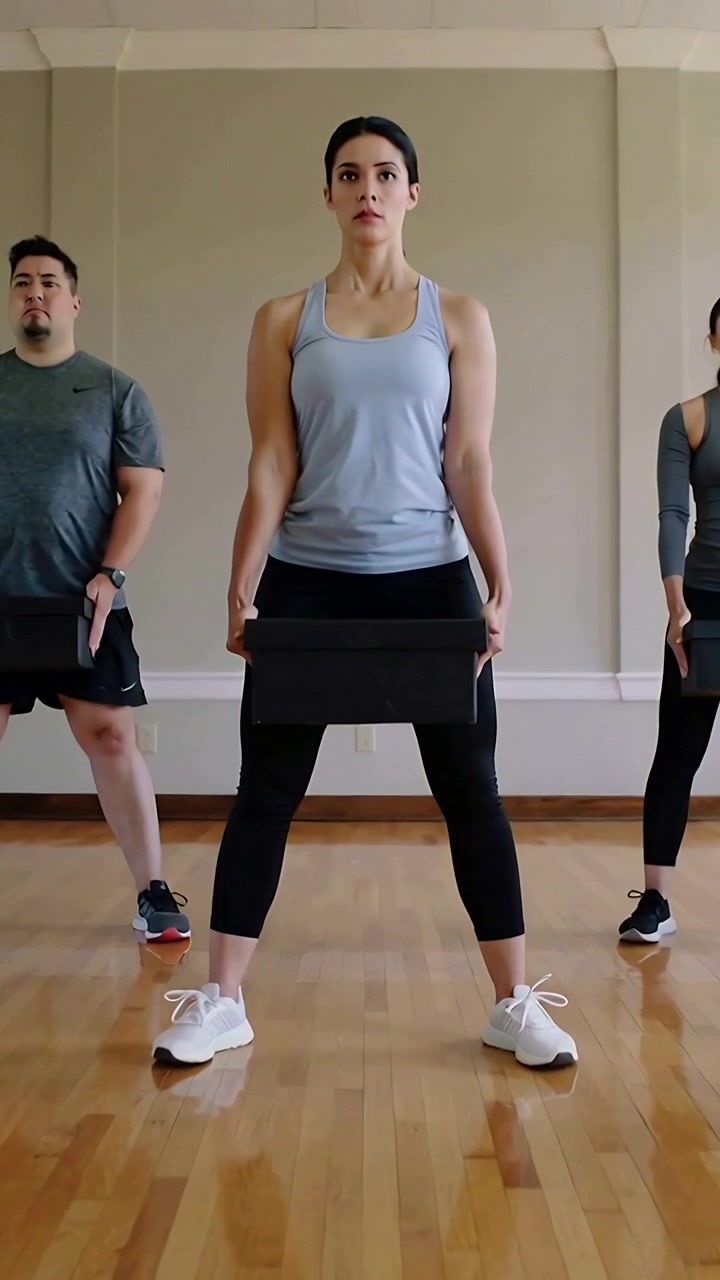 Video verticale: Donna centrale in canotta grigia che fa squat sumo in studio con blocco di presa per la forza.