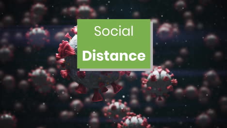 social distance text on green banner over multiple covid-19 cells floating against blue background