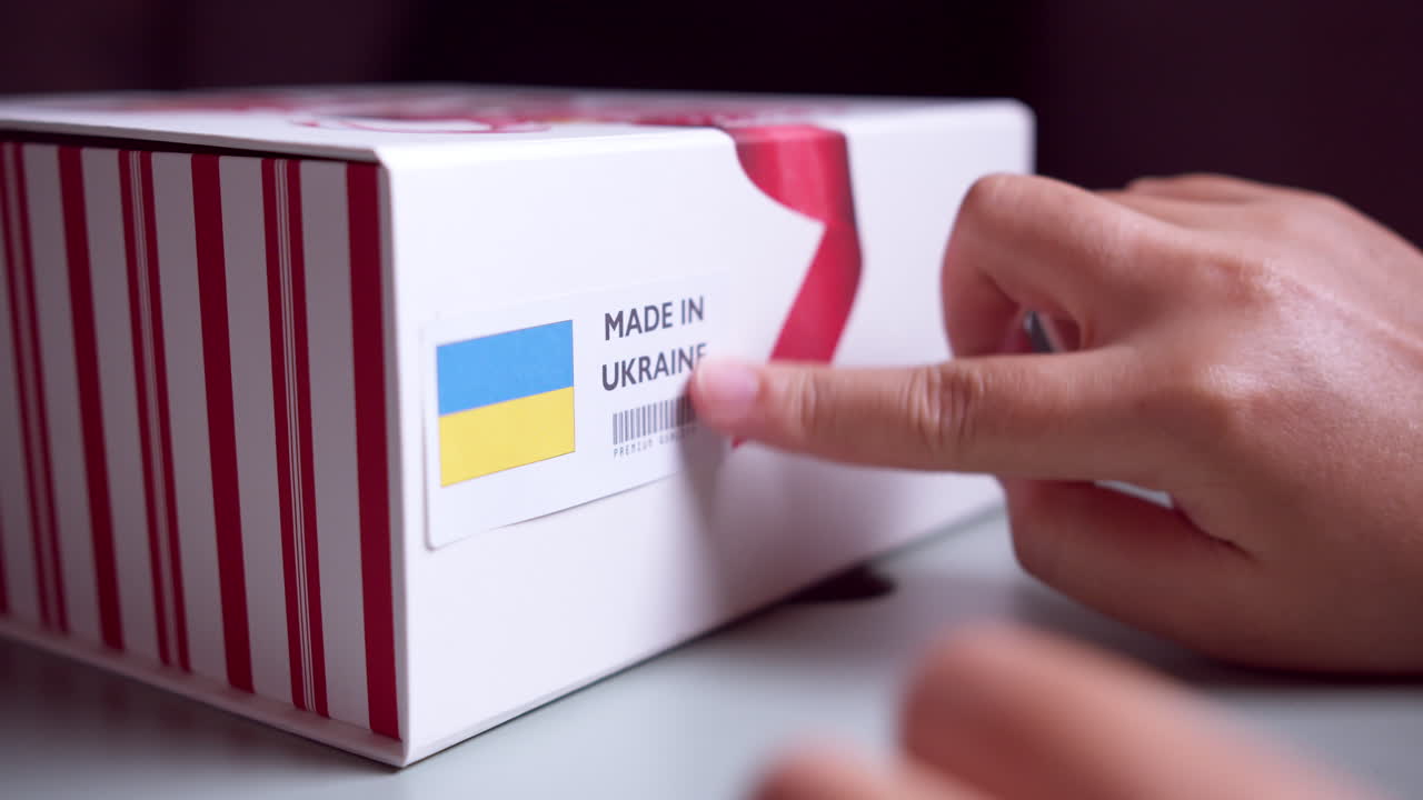 Hænder der påfører et MADE IN UKRAINE flagmærkat på en forsendelsespapkasse med produkter.