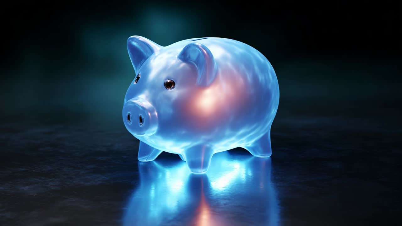 En lysende, gennemsigtig sparegris oplyst af blødt blåt og pink lys afspejler moderne designæstetik og fanger konceptet med opsparing, økonomi og budgettering med et unikt kunstnerisk præg