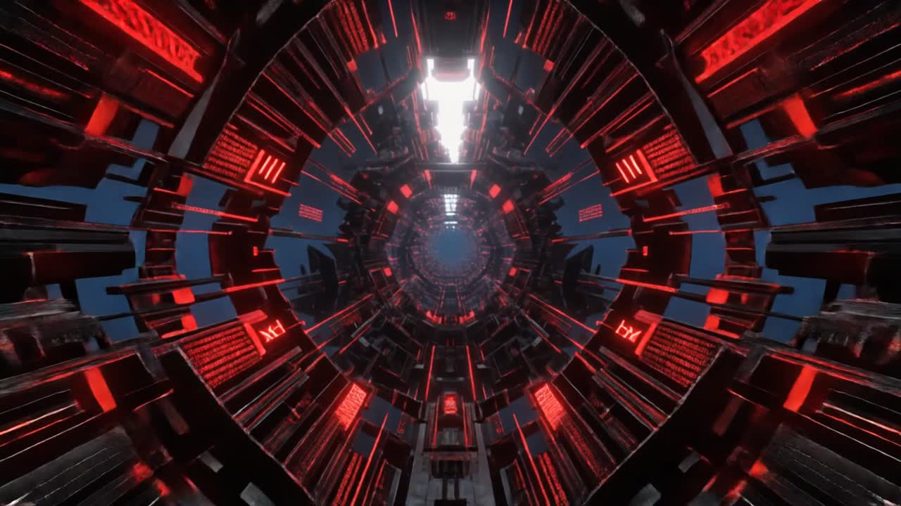 Tunnel digitale futuristico dinamico con linee rosse luminose