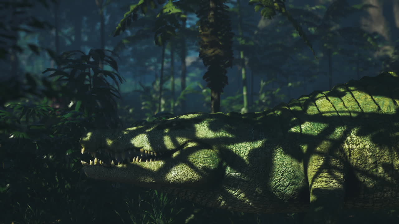 un cocodrilo descansando en silencio entre las sombras en un bosque tropical al anochecer