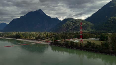 Pipeline-Bridge-Panorama:-Aerial-View-of-the-Fraser-River,-Iconic-Mountains,-and-Boreal-Forest-near-Hope,-BC