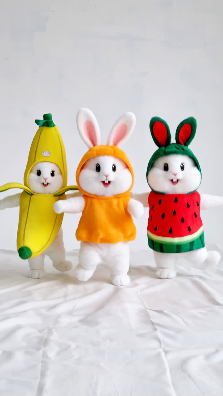 Three adorable bunny plush toys dressed in fruit costumes