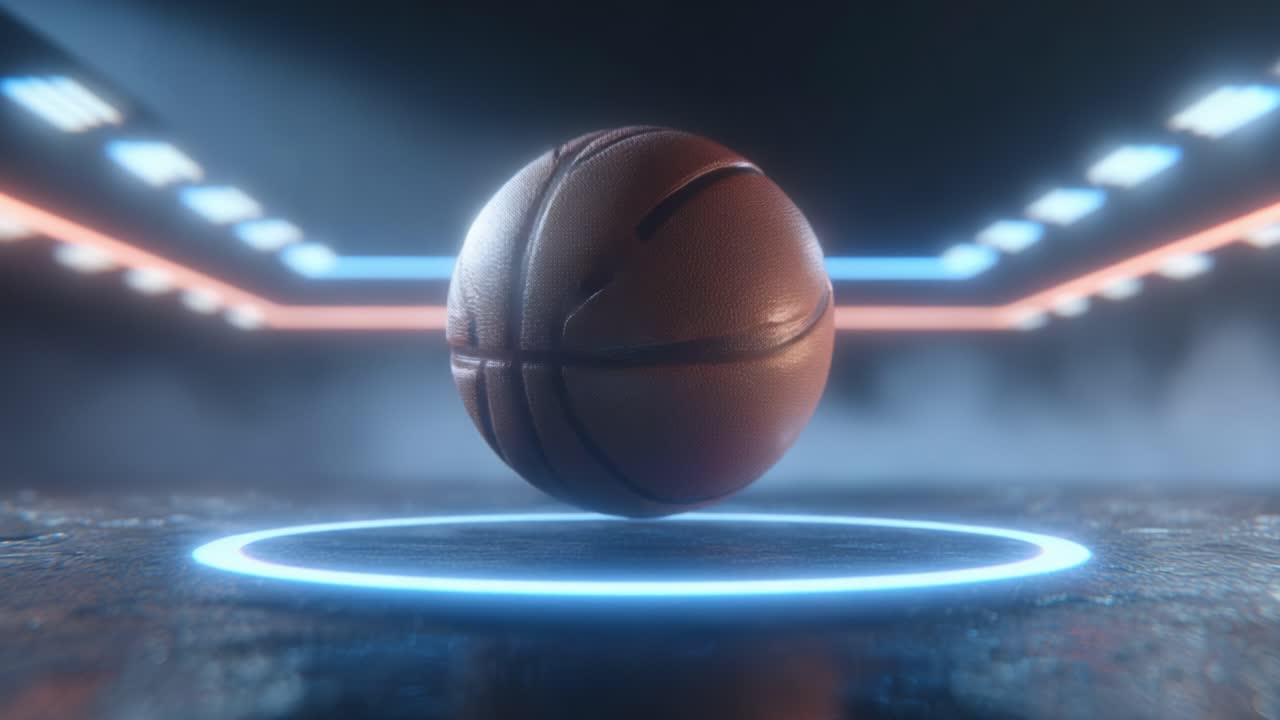 A dynamic visual representation of a basketball suspended in a glowing circle, showcasing its texture and the dramatic lighting, highlighting the essence of the game