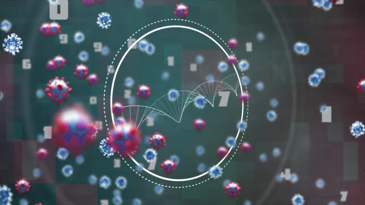검은 바탕에 있는 dna 가닥과 바이러스 세포의 애니메이션