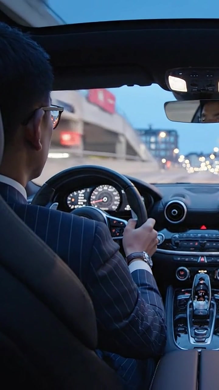 Um indivíduo estiloso dirigindo um carro de luxo ao entardecer, capturando a essência da elegância moderna e da sofisticação urbana com as luzes da cidade brilhando ao fundo.