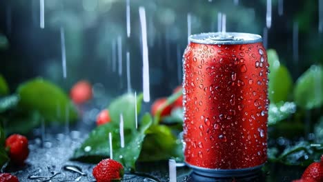 a can of soda sitting on top of a table covered in water