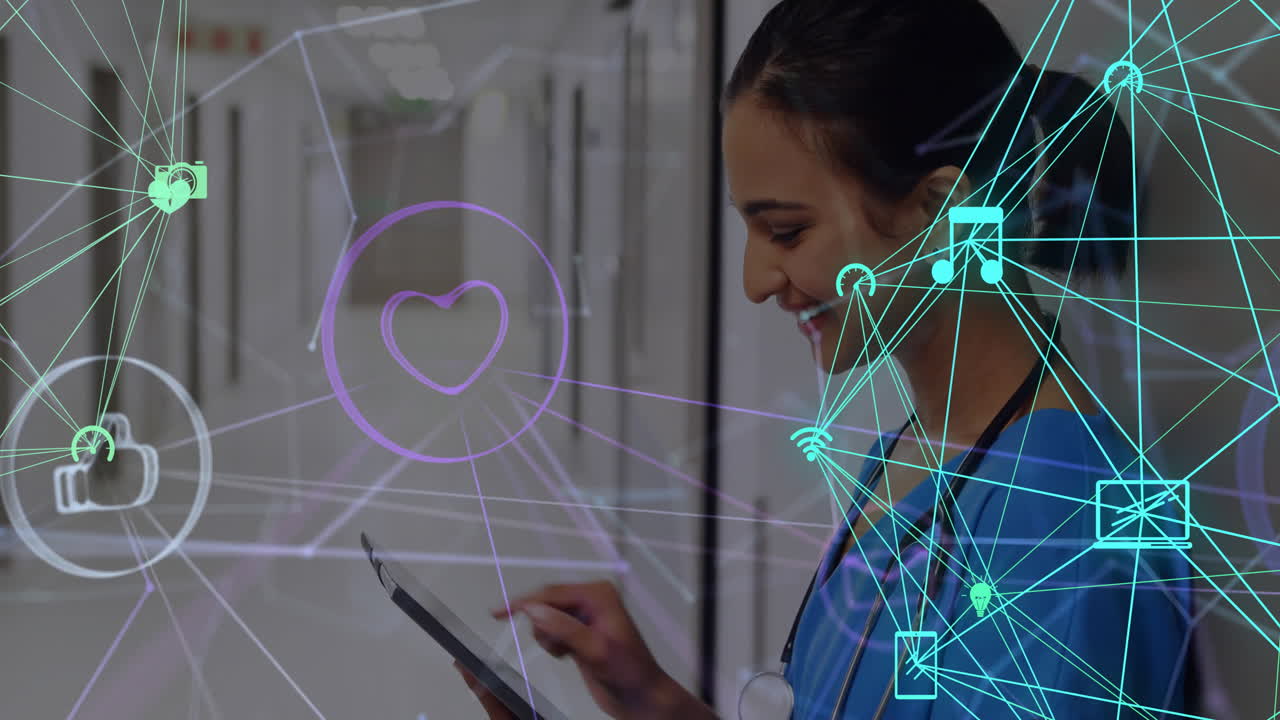 Animation of globe with connections with icons over biracial female doctor with tablet