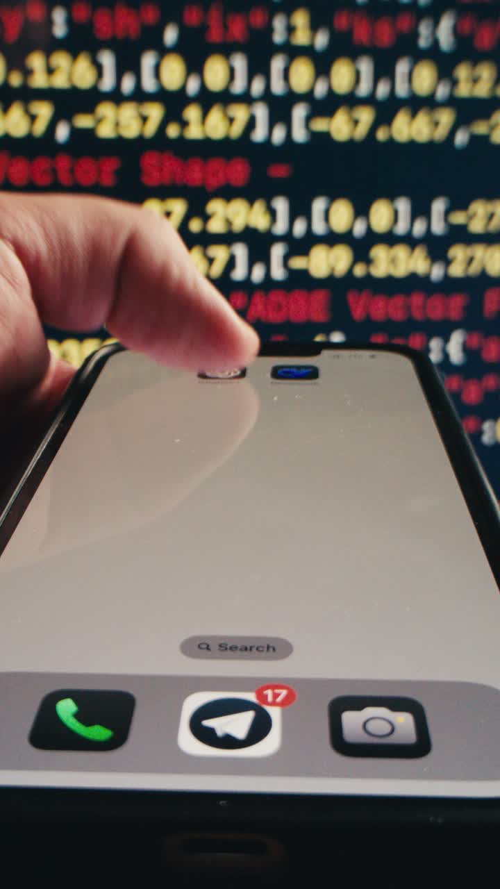 Codice di scorrimento manuale sullo schermo di uno smartphone con sfondo digitale