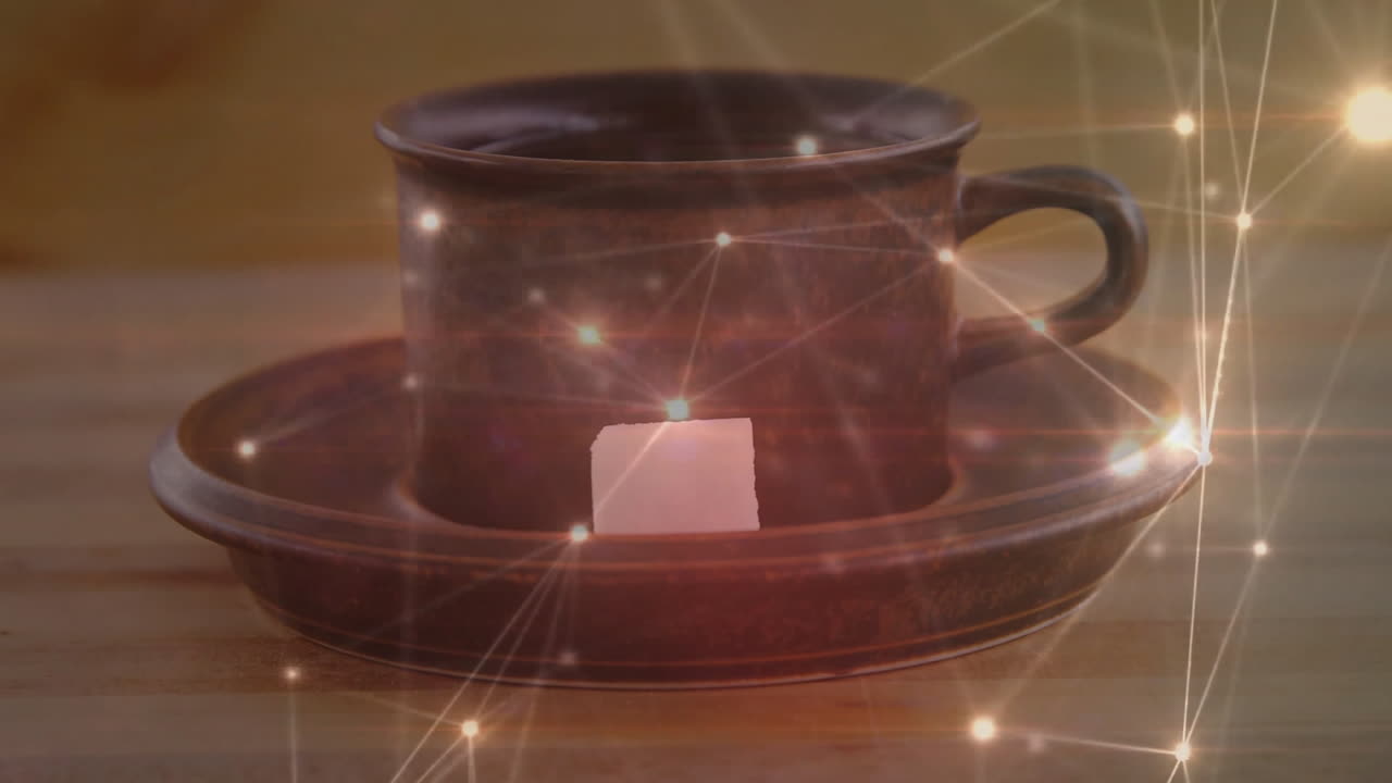 Brown ceramic coffee cup sitting on table showing sugar cube, network nodes connecting in 3D render