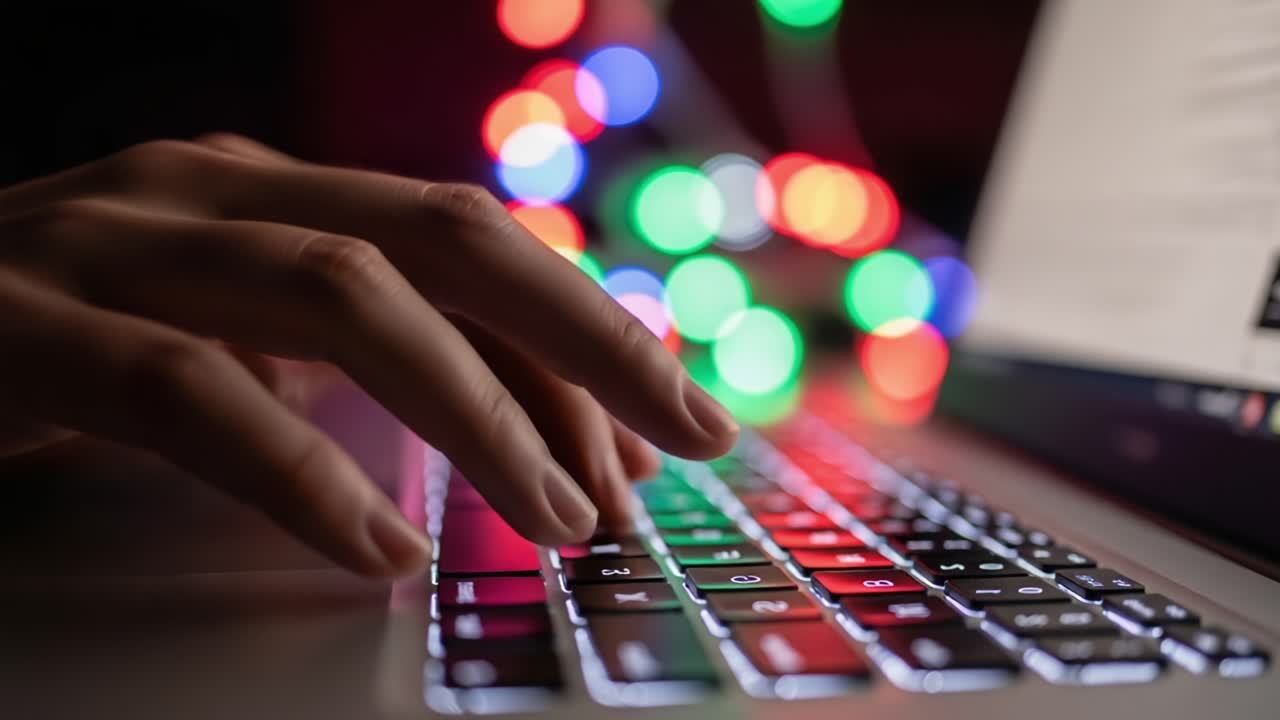 Close-Up of a Hand Typing on a Laptop Keyboard Surrounded by Blurred Colorful Lights, Capturing the Connection Between Technology and Creativity