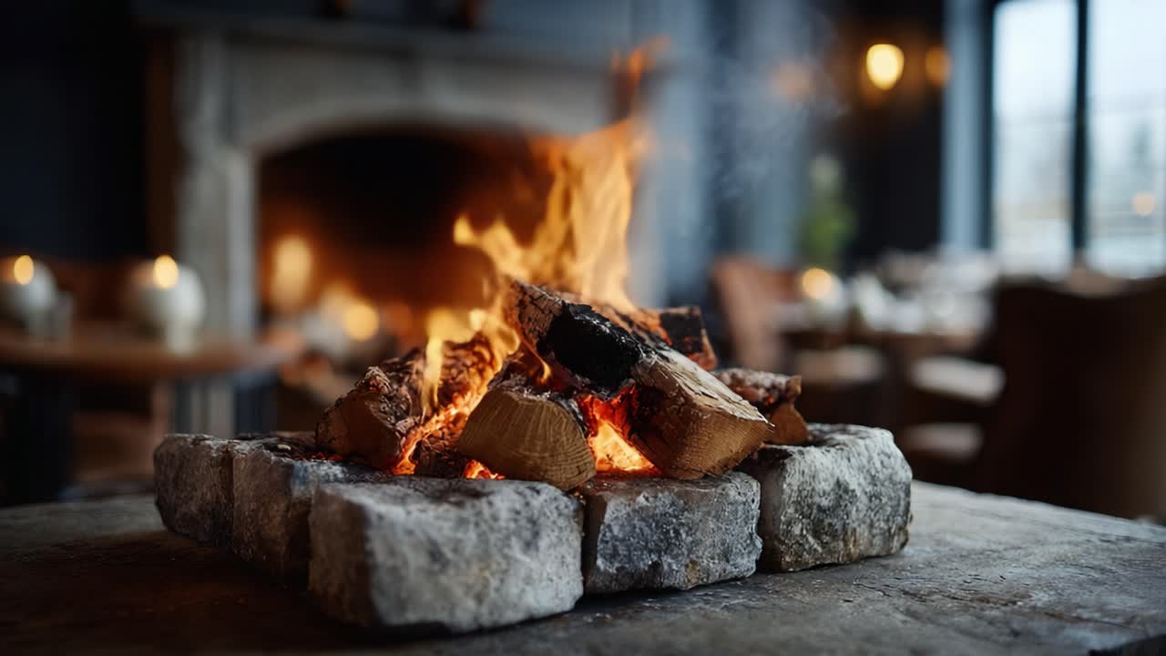 Captivating Flames and Cozy Atmosphere: A Warm Fibonacci-Fire Gathering Spot with Real Wood Logs and Soft Bokeh Background Surrounded by Inviting Furnishings