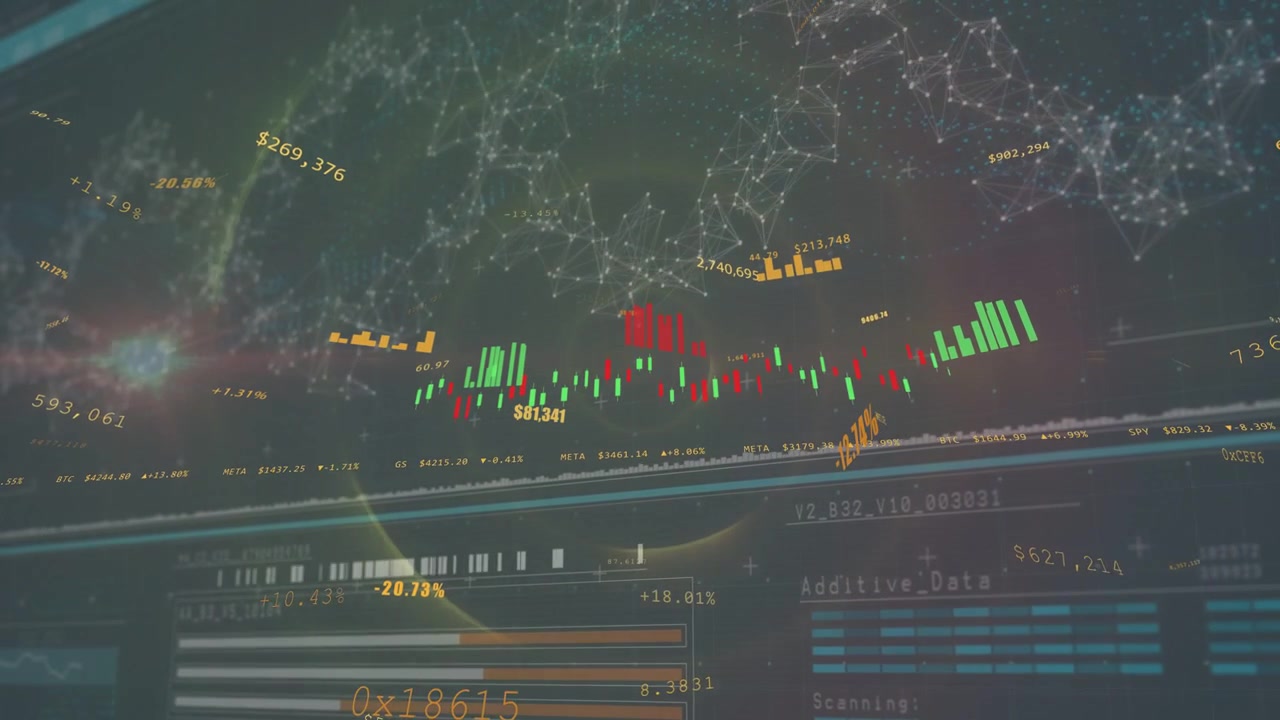 Illuminazione di una mappa di rete, candele che si formano con barre verdi in aumento e istogrammi che mostrano dati di mercato
