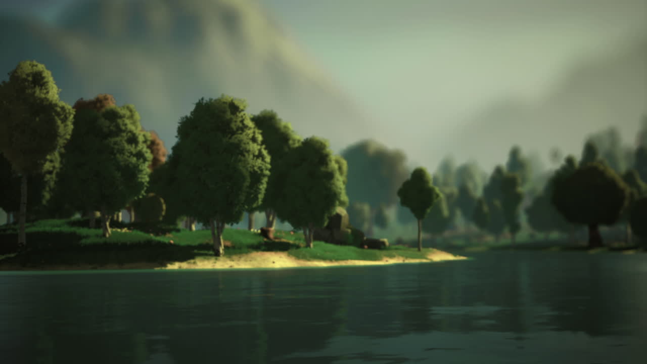 Green island with tranquil water and distant mountains in soft light