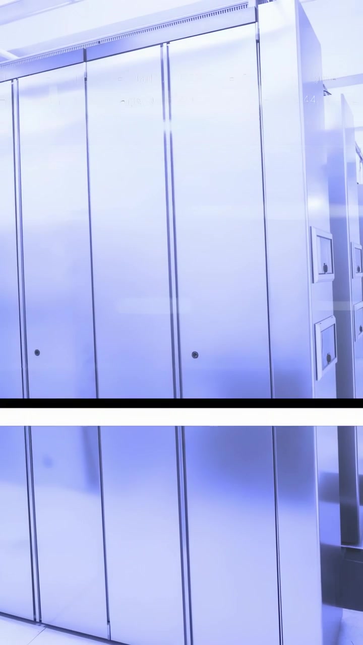 Vídeo vertical: Painel enviando sinal, racks de TI piscando barra preta e código, sombras em movimento.