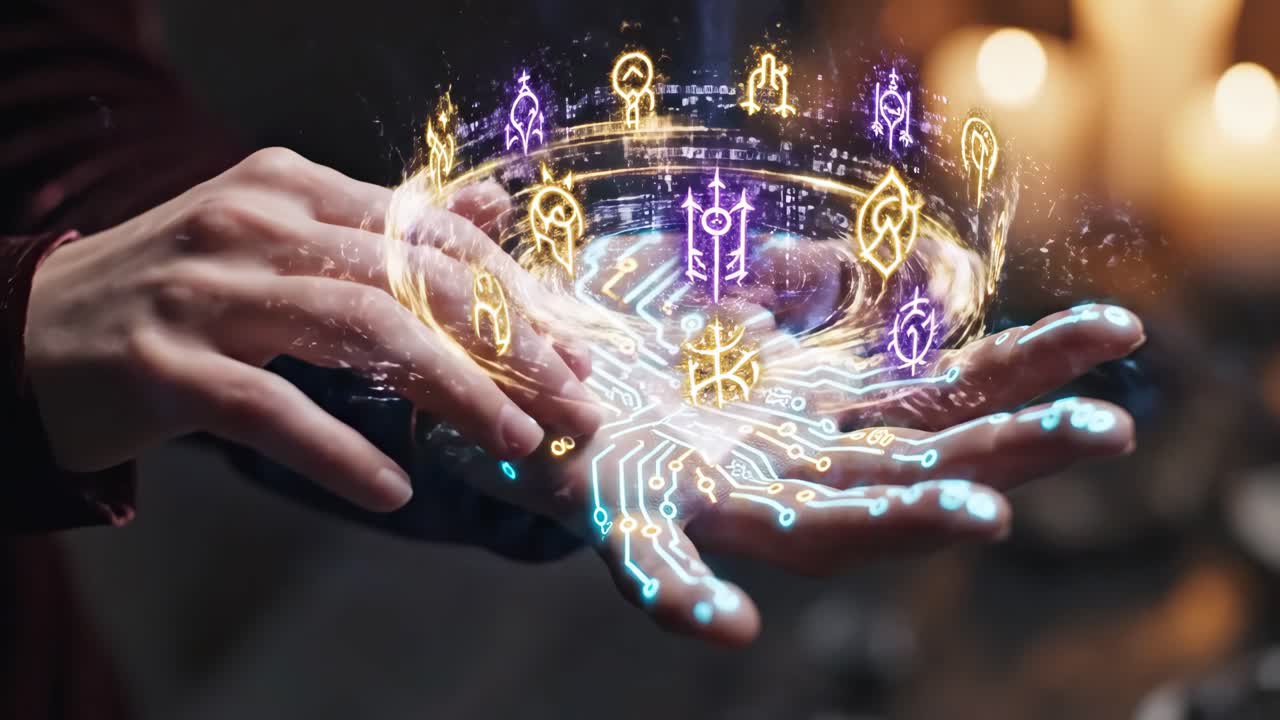 Hands holding futuristic technology and magical symbols
