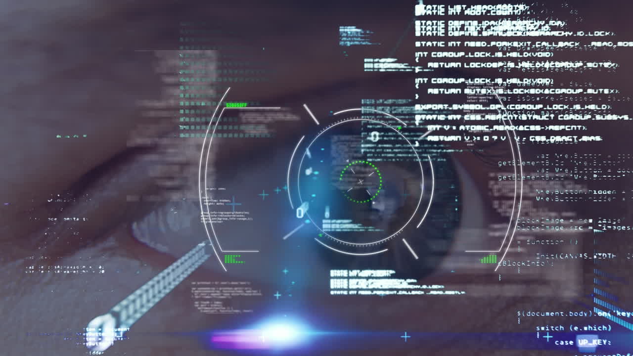 elaborazione dei dati e scanner rotondo contro il primo piano dell'occhio maschile