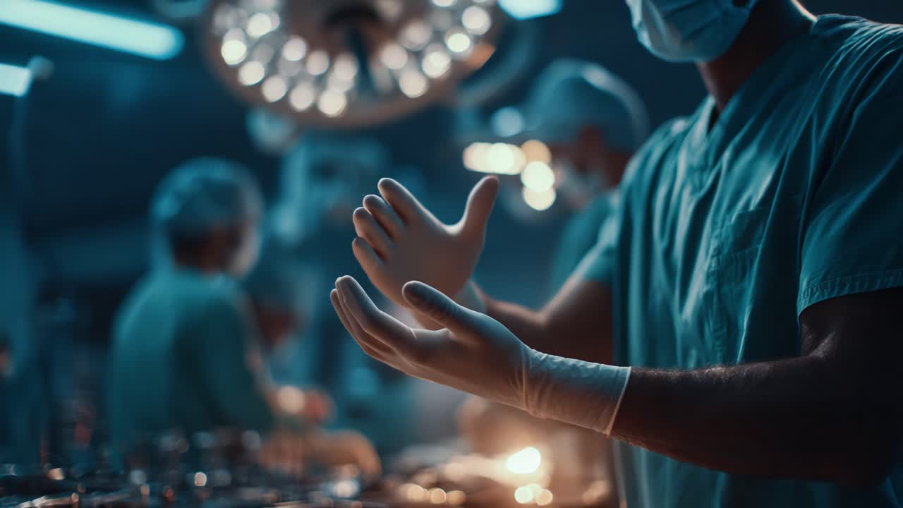Kirurger forbereder sig til operation: Nærbillede af medicinsk personale i kitler og handsker i et moderne operationsstue-miljø