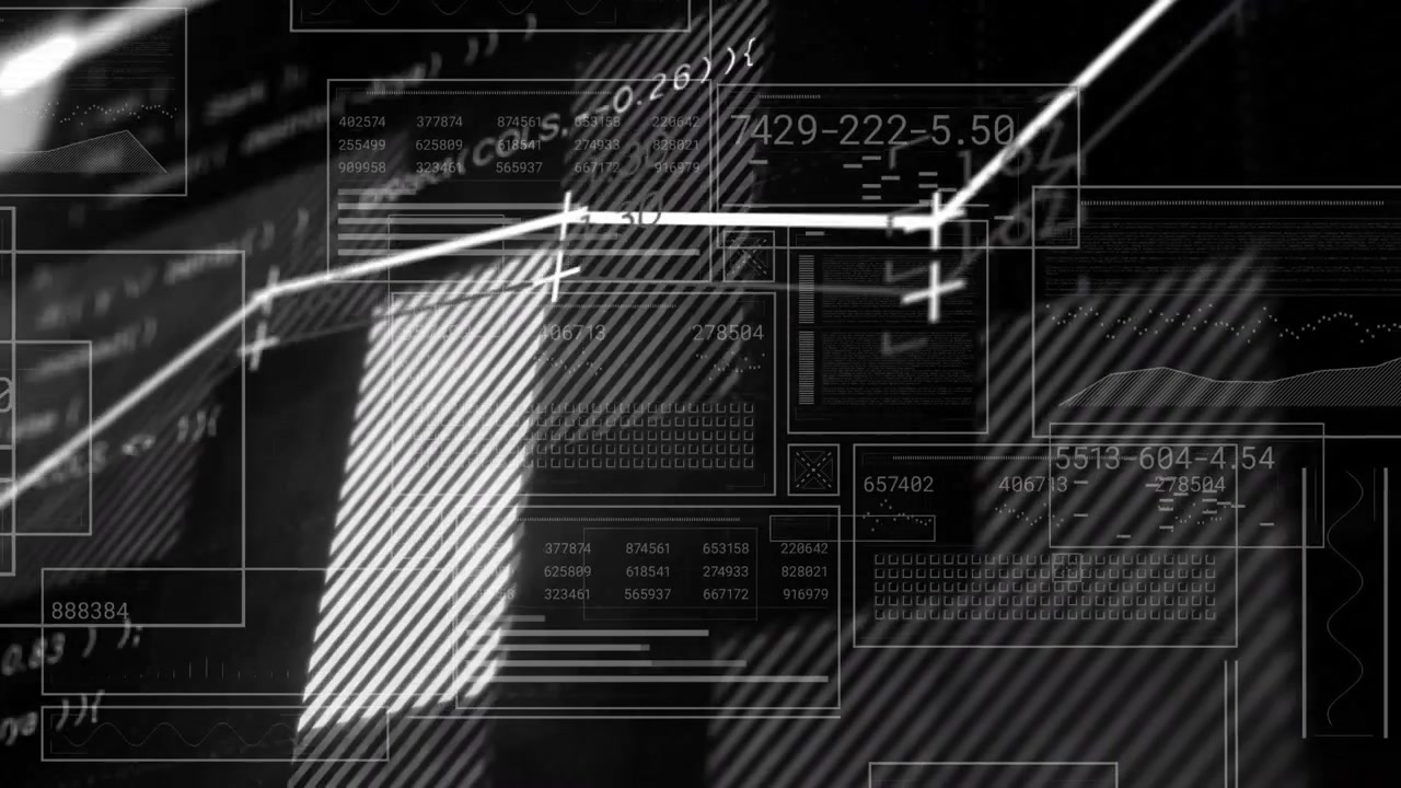 Polyline graph revealing nodes as bright streak sweeping in, animating panels, gauge for tech