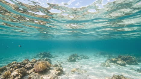 Beneath the Waves: A Mesmerizing Underwater Scene with Vibrant Coral and Glassy Surface Reflections in a Crystal-Clear Ocean Environment