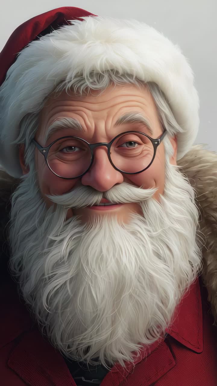 Vertical video: Camera rolling, Santa Claus smiling and blinking in studio, showing red hat