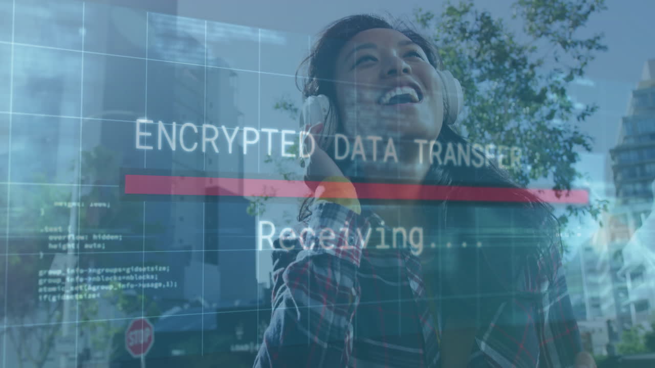 Receiving encrypted data, smiling woman outdoors with animation text overlay