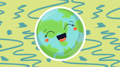 animation of smiling globe and blue pattern on green background