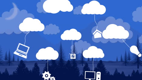 múltiples nubes blancas con dispositivos electrónicos colgando contra el paisaje por la noche