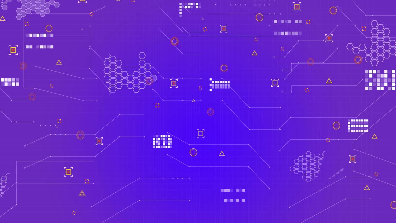 animación de formas geométricas sobre el patrón de la placa de circuitos contra un fondo azul