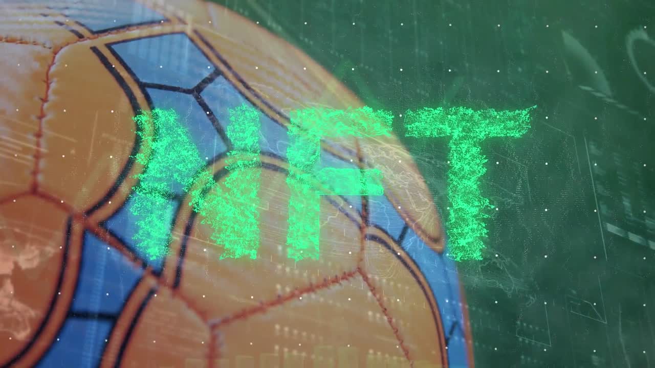 NFT-tekstbanner og grensesnitt med databehandling over et nærbilde av en fotball
