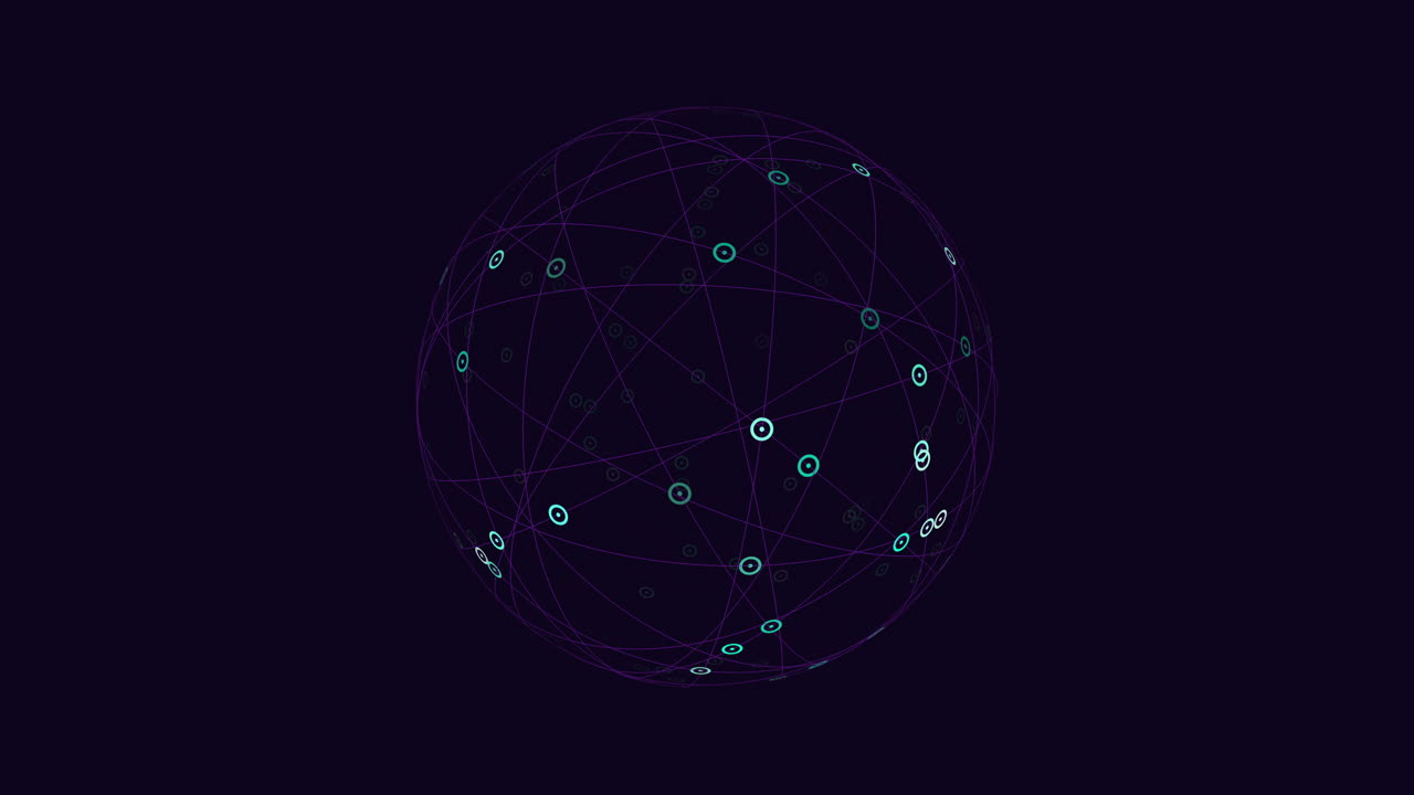 A circular network of interconnected nodes is showcased in this image. It displays a complex web of connections, with nodes densely clustered in parts