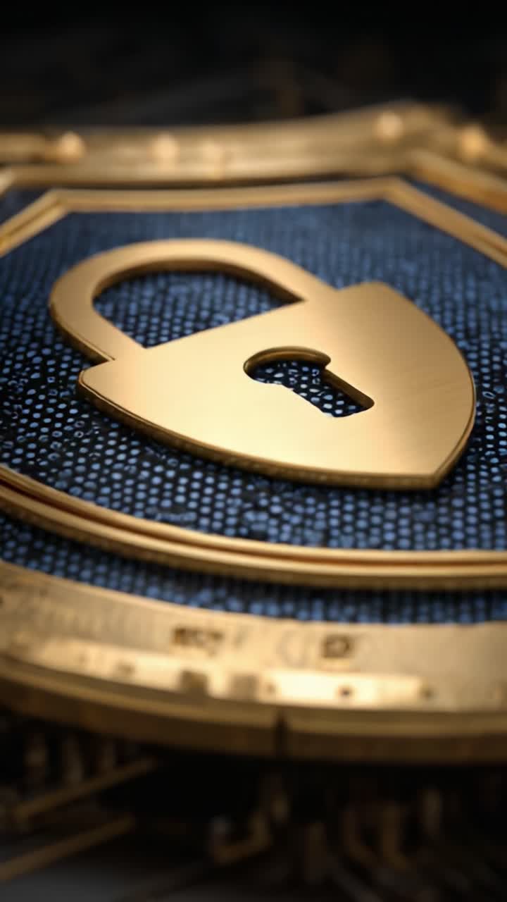 Un impresionante primer plano de un emblema dorado con forma de candado sobre un fondo azul texturizado, que simboliza la seguridad y la protección en la era digital.