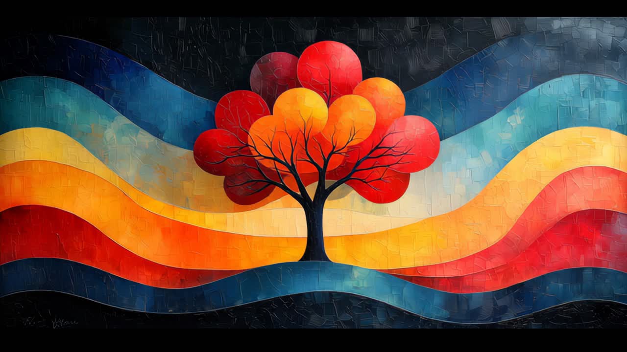 Vibrant tree colorful leaves and branches against dynamic background