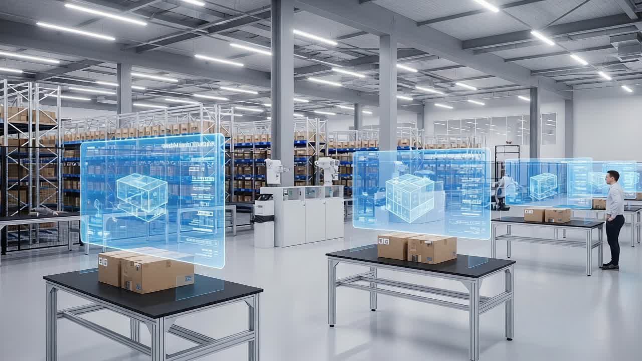 Advanced Inventory Management in a High-Tech Warehouse Featuring Augmented Reality and Smart Packaging Solutions for Efficient Logistics Operations