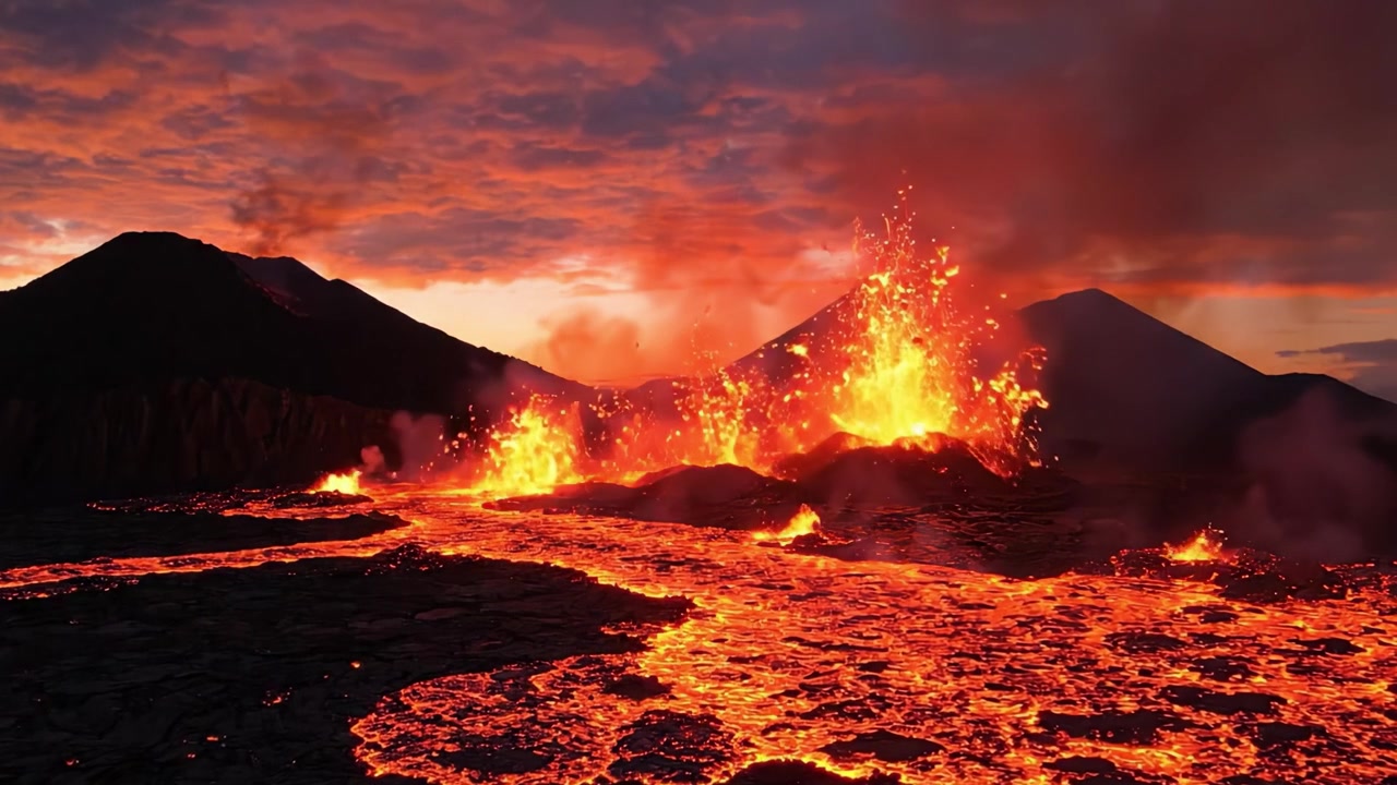 劇的な空の下で噴火する火山と流れる溶岩。地震活動の2つの瞬間を捉えた、自然の力の驚くべき表現