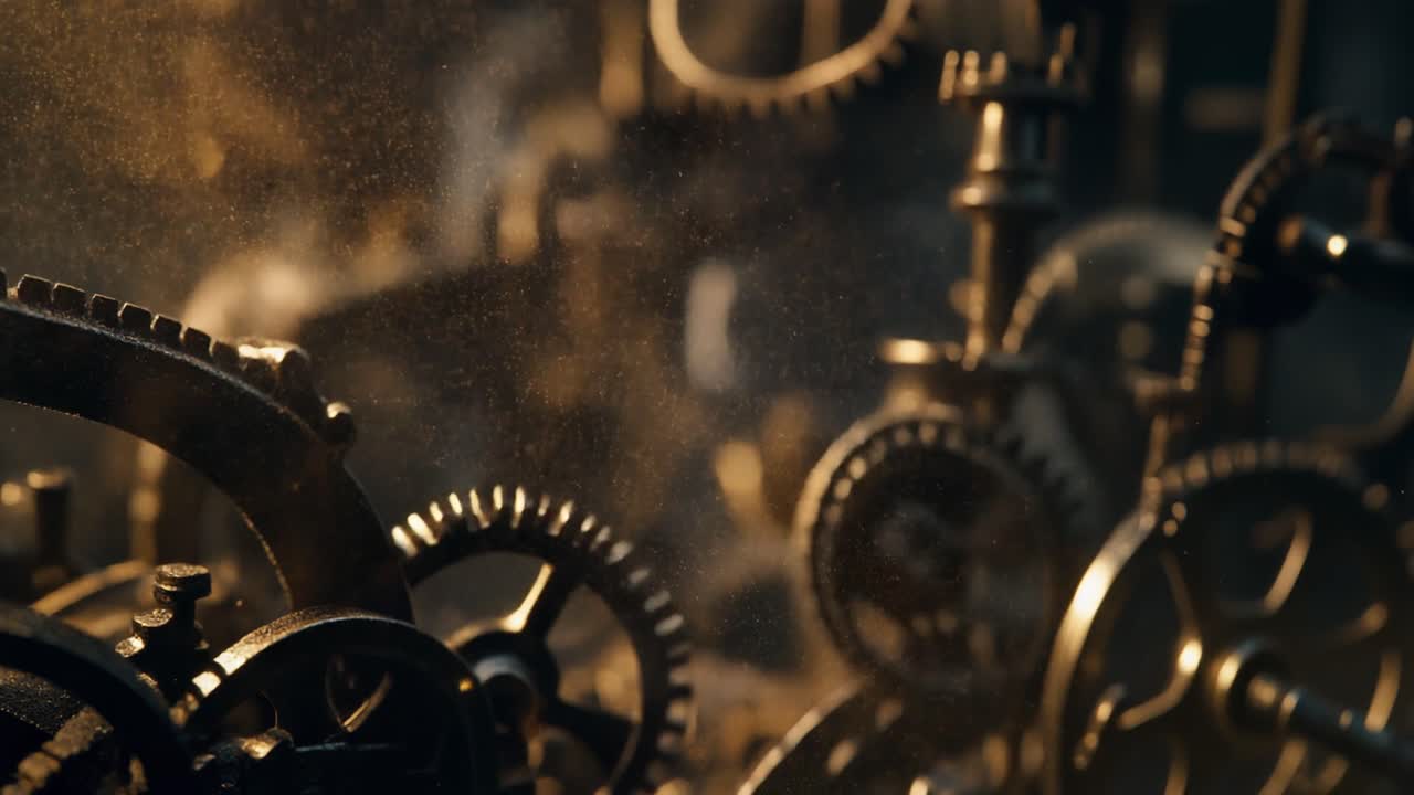 Close-up of Intricate Gears and Cogs in Dusty Industrial Setting