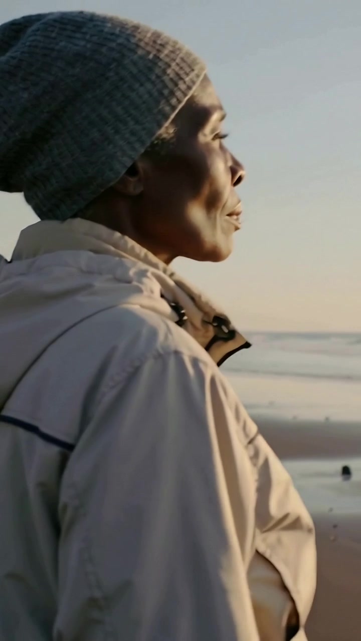 Vertical video: Breathing, senior woman lifting gaze toward sea at beach, beanie jacket, copy space