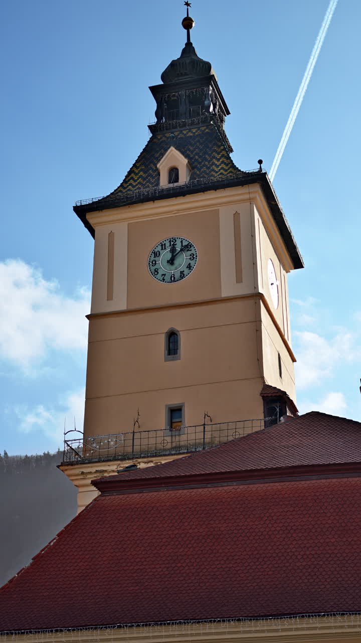 The top of the Council's House town-hall building in Brasov, Romania. Vertical