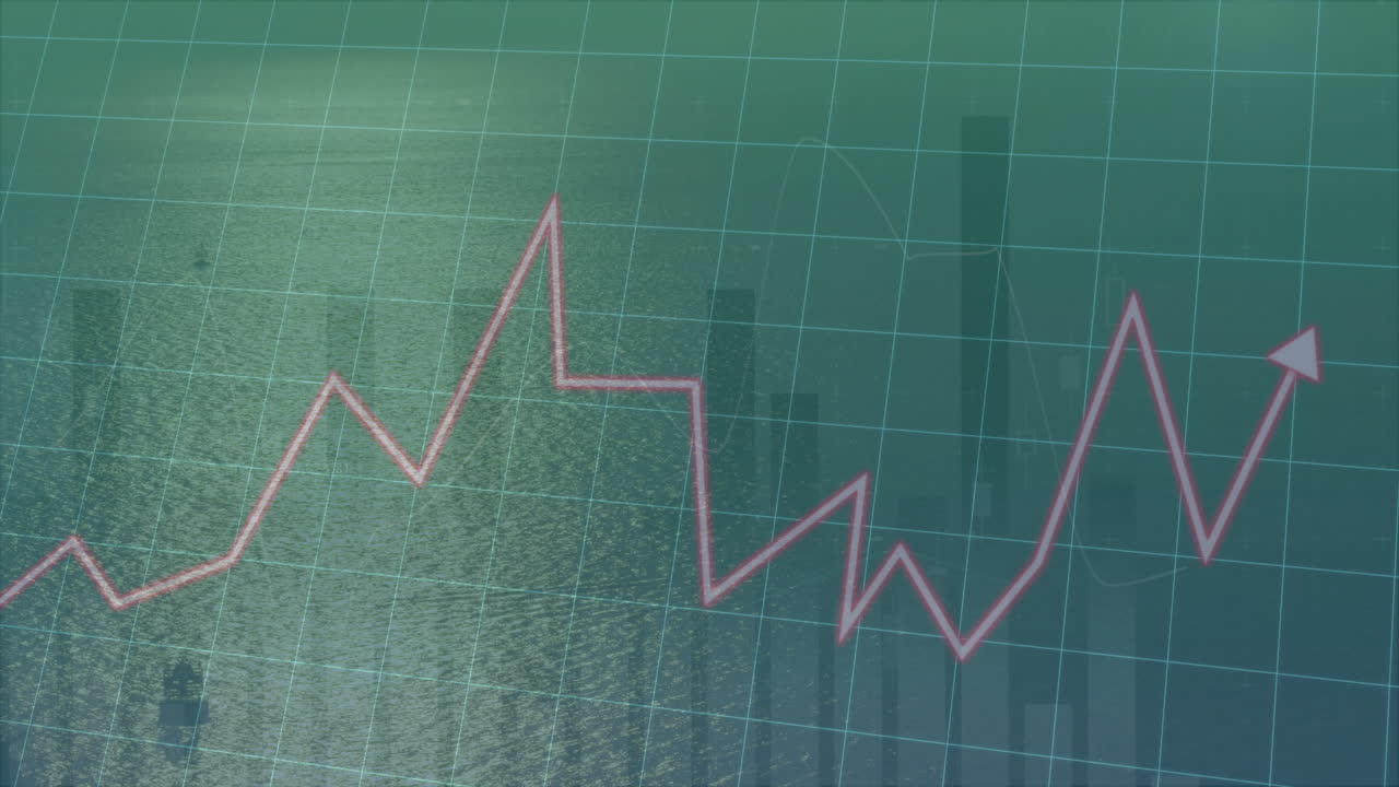 Pink zigzag line graph running over calm water surface, displaying transparent grid and bar charts