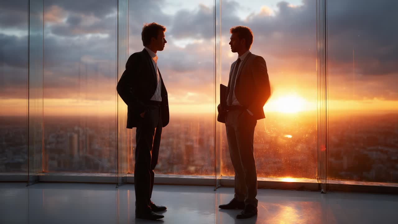 Due professionisti impegnati in una discussione sullo sfondo di un tramonto mozzafiato da un edificio a più piani, a simboleggiare la collaborazione e il networking aziendale