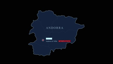 mapa estilizado de andorra con la capital de andorra la vella y coordenadas geográficas en fondo negro