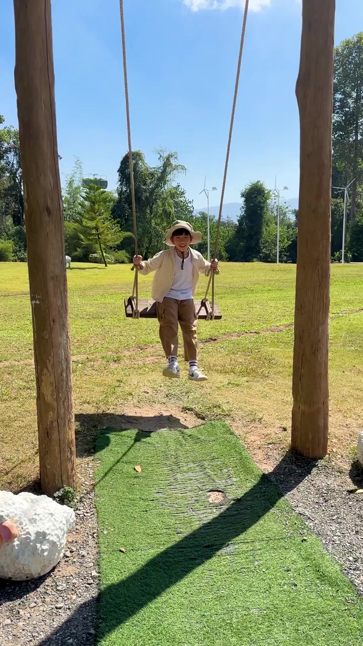 Un bambino gioca su una grande altalena di legno in un parco luminoso e soleggiato, movimento della telecamera a mano.