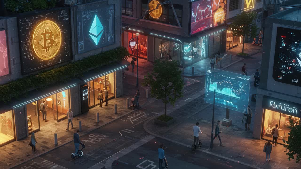 Futuristic Cityscape Featuring Cryptocurrency Symbols and Digital Displays Illuminating the Streets at Night with Pedestrians and Vehicles