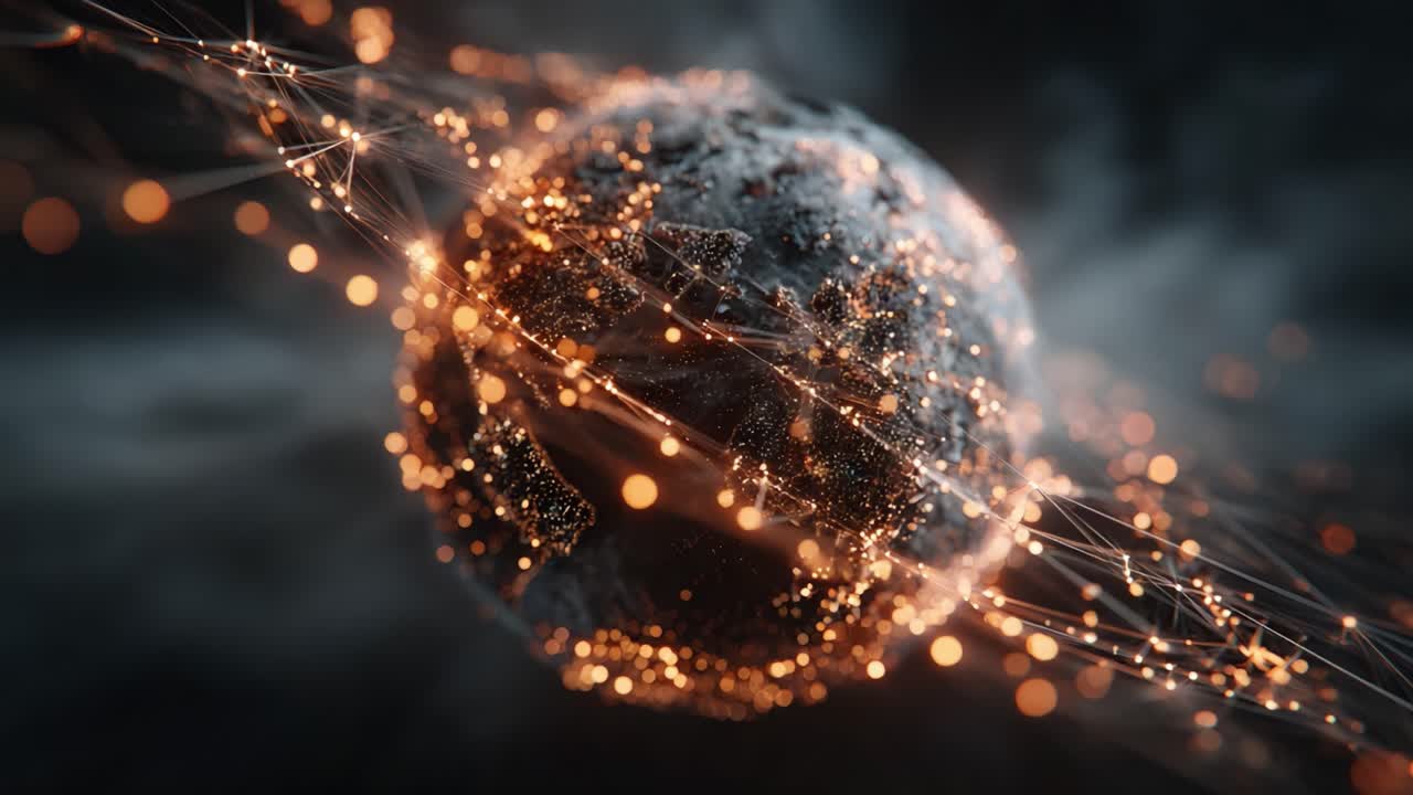 A Stunning Visualization of Connectivity: A Dark, Futuristic Earth Surrounded by a Network of Glowing Connections and Particles, Representing the Digital Age and Globalization